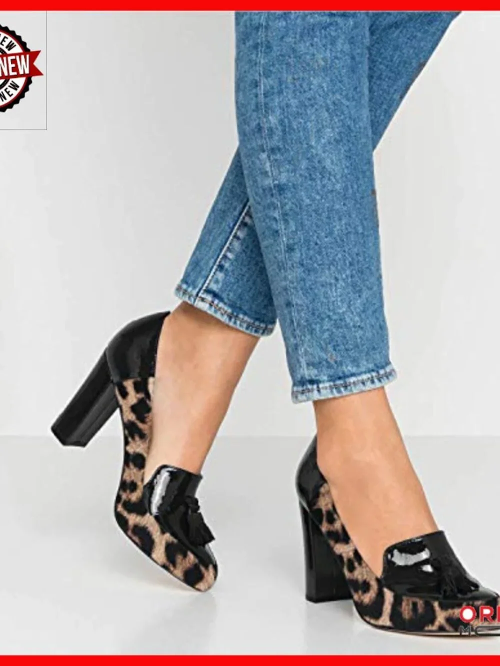 Chunky Block Heel Fringed Pumps, Suede Patent Leather Patchwork, Slip-On Loafers